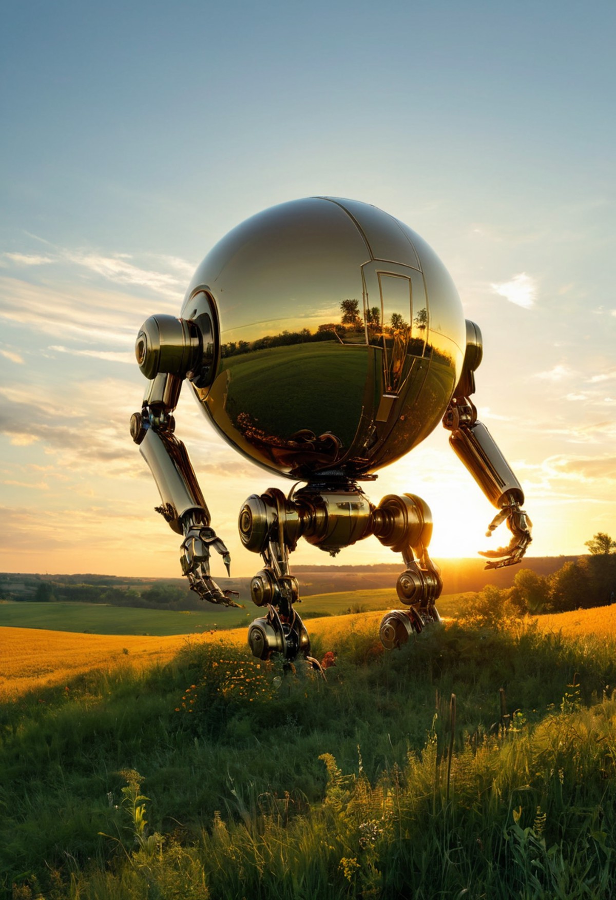oil paining by Aleksi Briclot and Daniel Gerhartz and Seth Globepainter, beautiful globular robot made of brass, countrysi...